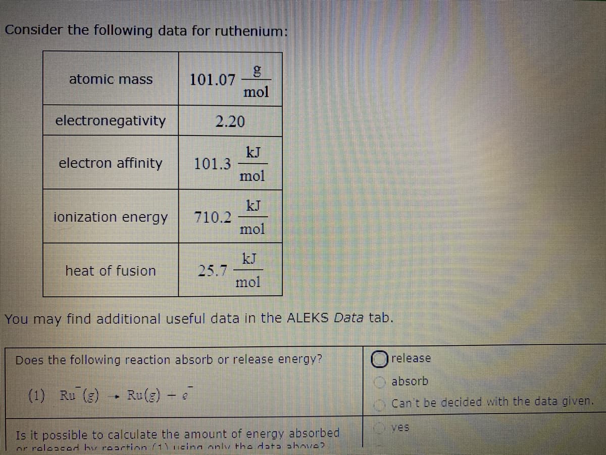 Consider the following data for ruthenium:
atomic mass
101.07
mol
electronegativity
2.20
kJ
101.3
mol
electron affinity
kJ
710.2
mol
jonization energy
kJ
25.7
mol
heat of fusion
You may find additional useful data in the ALEKS Data tab.
Does the following reaction absorb or release energy?
release
absorb
(1) R (3)
Ru(g) e
Can't be decided with the data given.
ves
Is it possible to calculate the amount dof energy absorbed
or rolescod hy rosr+ion (1)ucinn only the data ohove?
