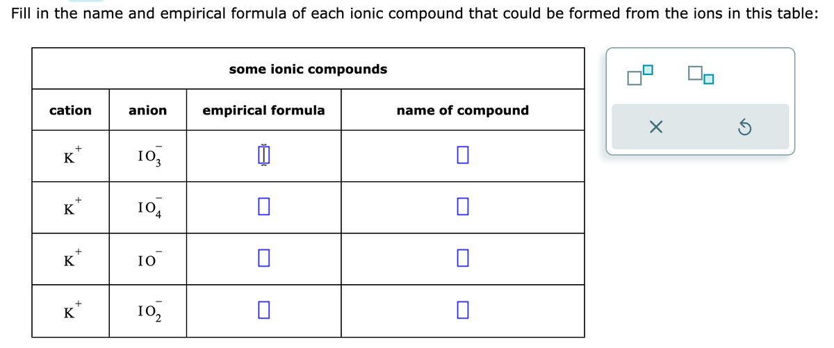 Fill in the name and empirical formula of each ionic compound that could be formed from the ions in this table:
cation
K
K
K
K
+
+
+
anion
103
10₁
IO
10₂
some ionic compounds
empirical formula
1
0
name of compound
0
0
X
Ś