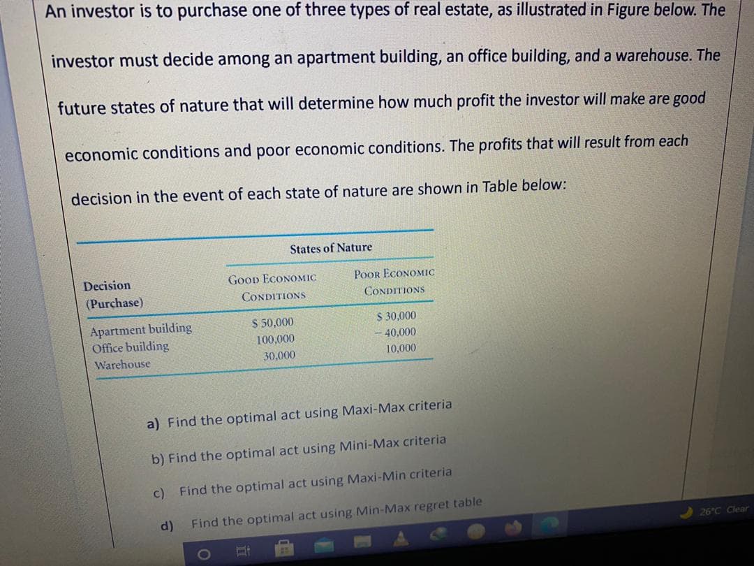 An investor is to purchase one of three types of real estate, as illustrated in Figure below. The
investor must decide among an apartment building, an office building, and a warehouse. The
future states of nature that will determine how much profit the investor will make are good
economic conditions and poor economic conditions. The profits that will result from each
decision in the event of each state of nature are shown in Table below:
States of Nature
Decision
GoOD ECONOMIC
PoOR ECONOMIC
(Purchase)
CONDITIONS
CONDITIONS
$ 50,000
S 30,000
Apartment building
Office building
100,000
- 40,000
Warehouse
30,000
10,000
a) Find the optimal act using Maxi-Max criteria
b) Find the optimal act using Mini-Max criteria
c) Find the optimal act using Maxi-Min criteria
d)
Find the optimal act using Min-Max regret table
26°C Clear
1O
