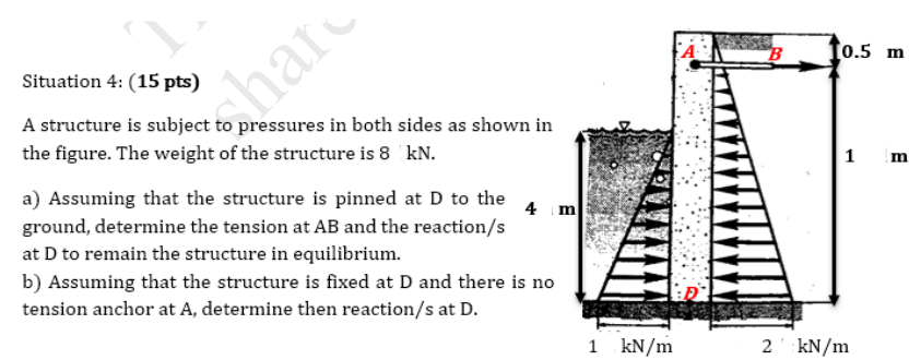 Situation 4: (15 pts)
B
0.5 m
shar
A structure is subject to pressures in both sides as shown in
the figure. The weight of the structure is 8 kN.
a) Assuming that the structure is pinned at D to the
ground, determine the tension at AB and the reaction/s
at D to remain the structure in equilibrium.
4 m
b) Assuming that the structure is fixed at D and there is no
tension anchor at A, determine then reaction/s at D.
1 kN/m
2 kN/m
