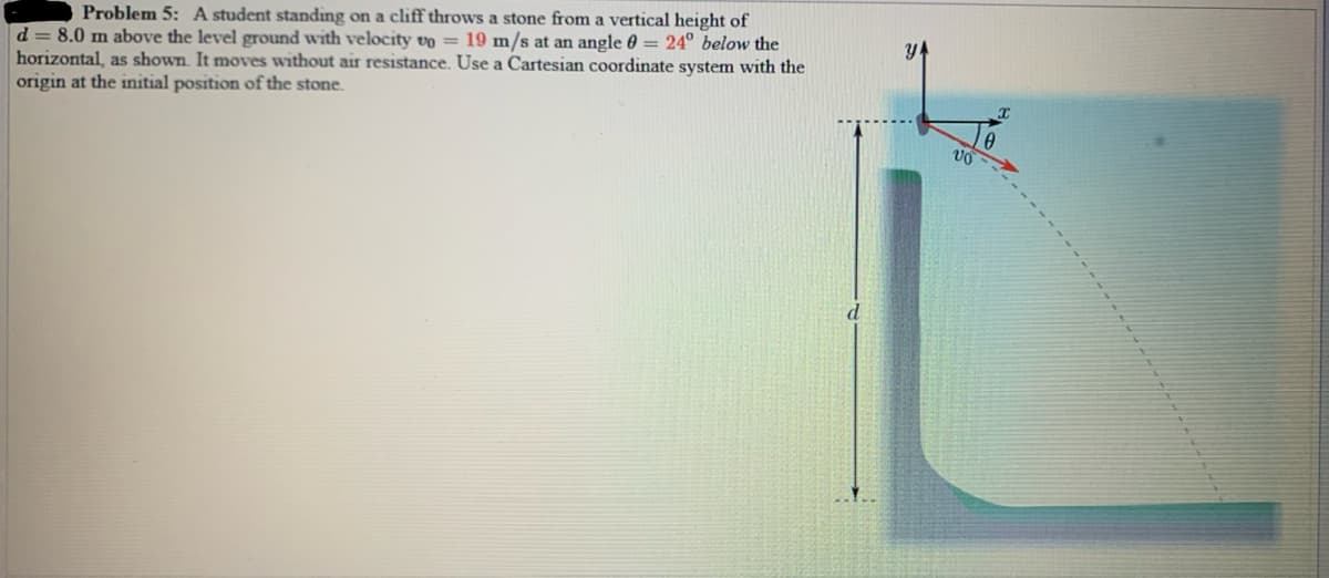 Problem 5: A student standing on a cliff throws a stone from a vertical height of
d = 8.0 m above the level ground with velocity vo = 19 m/s at an angle 0 = 24° below the
horizontal, as shown. It moves without air resistance. Use a Cartesian coordinate system with the
origin at the initial position of the stone.
