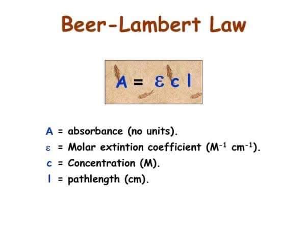 Beer-Lambert Law
A = Ecl
A = absorbance (no units).
8 = Molar extintion coefficient (M-1 cm-1).
c = Concentration (M).
| = pathlength (cm).
