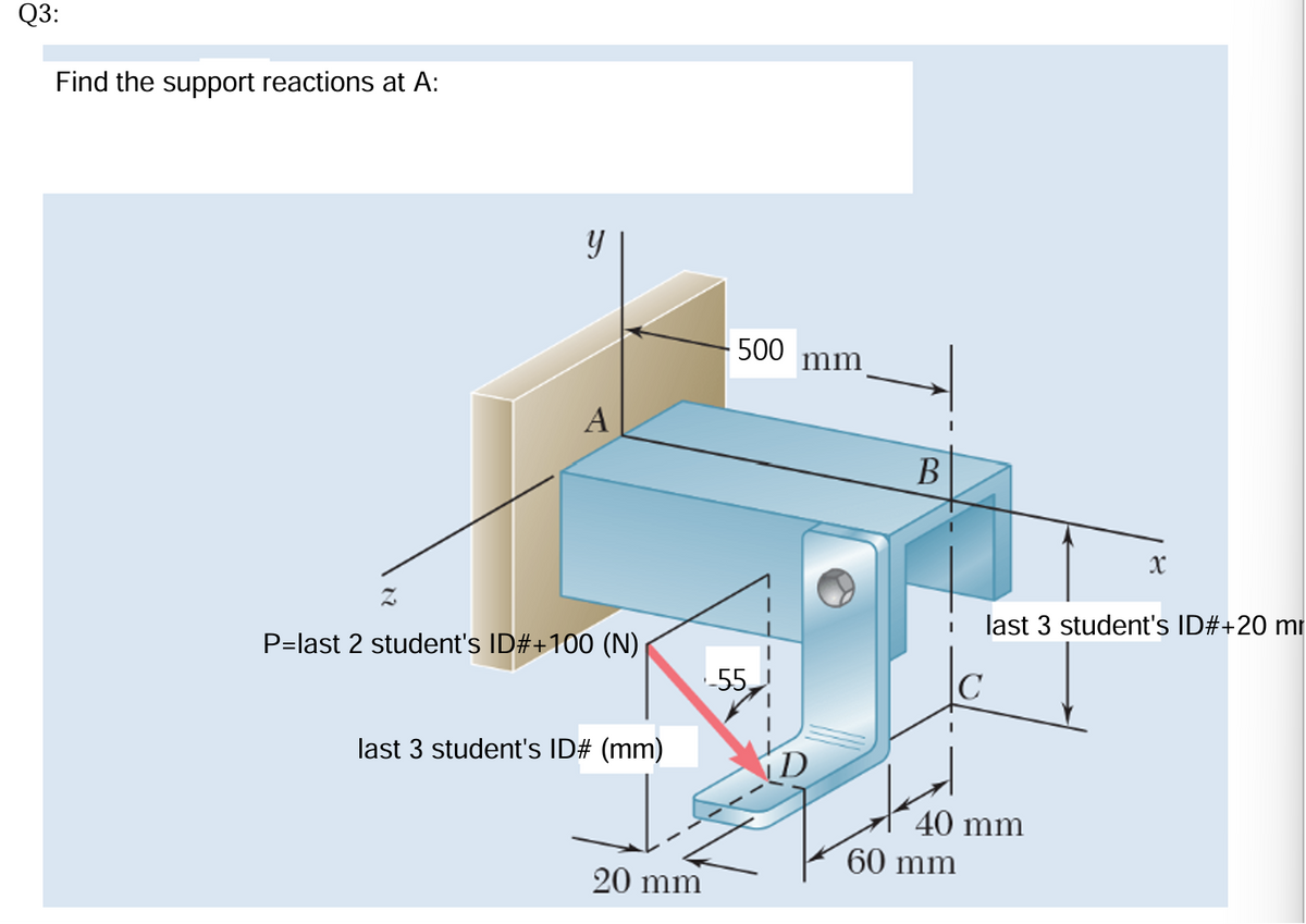 Q3:
Find the support reactions at A:
y
500
mm
A
P=last 2 student's ID#+100 (N)
last 3 student's ID# (mm)
20 mm
55
D
B
C
x
last 3 student's ID#+20 mr
40 mm
60 mm