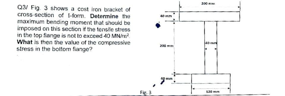 Q3/ Fig. 3 shows a cost iron bracket of
cross-section of I-form. Determine the
maximum bending moment that should be
imposed on this section if the tensile stress
in the top flange is not to exceed 40 MN/m²
What is then the value of the compressive
stress in the bottom flange?
Fig. 3
40 mm
200 mm
mm
200 mm
T
40 mm
120 mm
