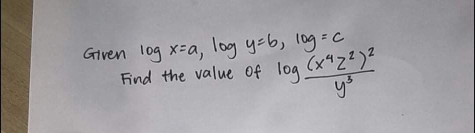 Given log x=a, log y=b, log=c
Find the value 0f log (x"Z?)"
