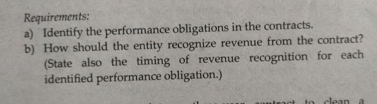 Requirements:
a) Identify the performance obligations in the contracts.
b) How should the entity recognize revenue from the contract?
(State also the timing of revenue recognition for each
identified performance obligation.)
nontract to clean
