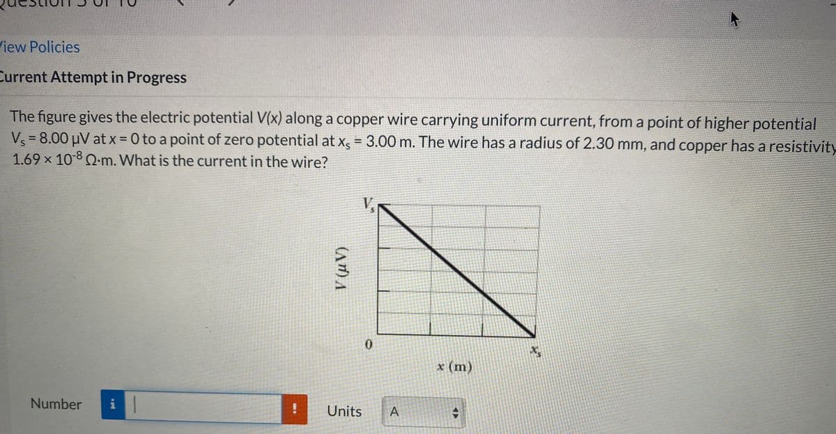 View Policies
Current Attempt in Progress
The figure gives the electric potential V(x) along a copper wire carrying uniform current, from a point of higher potential
Vs = 8.00 µV at x = 0 to a point of zero potential at x, = 3.00 m. The wire has a radius of 2.30 mm, and copper has a resistivity
1.69 x 10-8 Q-m. What is the current in the wire?
%3D
x (m)
Number
Units
(AM) A
