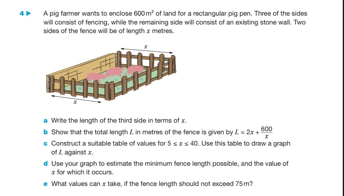 A pig farmer wants to enclose 600 m? of land for a rectangular pig pen. Three of the sides
will consist of fencing, while the remaining side will consist of an existing stone wall. Two
sides of the fence will be of length x metres.
a Write the length of the third side in terms of x.
600
b Show that the total length L in metres of the fence is given by L = 2x +
c Construct a suitable table of values for 5 sxs 40. Use this table to draw a graph
of L against x.
