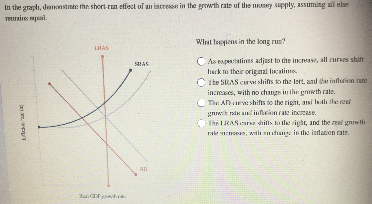 In the graph, demonstrate the short-run effect of an increase in the growth rate of the money supply, assuming all else
remains equal.
What happens in the long run?
LRAS
O As expectations adjust to the increase, all curves shift
back to their original locations.
SRAS
The SRAS curve shifts to the left, and the inflation rate
increases, with no change in the growth rate.
The AD curve shifts to the right, and both the real
growth rate and inflation rate increase.
The LRAS curve shifts to the right, and the real growth
rate increases, with no change in the inflation rate.
AD
Real GDP growth rate
Inflation rate (T)
