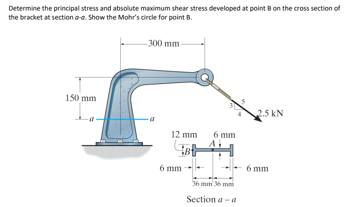 Determine the principal stress and absolute maximum shear stress developed at point B on the cross section of
the bracket at section a-a. Show the Mohr's circle for point B.
-300 mm
150 mm
2.5 kN
a
12 mm
B
6 mm
www
6 mm
5
4
A,
36 mm'36 mm
Section a - a
6 mm