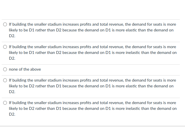 If building the smaller stadium increases profits and total revenue, the demand for seats is more
likely to be D1 rather than D2 because the demand on D1 is more elastic than the demand on
D2.
O If building the smaller stadium increases profits and total revenue, the demand for seats is more
likely to be D1 rather than D2 because the demand on D1 is more inelastic than the demand on
D2.
none of the above
If building the smaller stadium increases profits and total revenue, the demand for seats is more
likely to be D2 rather than D1 because the demand on D1 is more elastic than the demand on
D2.
O If building the smaller stadium increases profits and total revenue, the demand for seats is more
likely to be D2 rather than D1 because the demand on D1 is more inelastic than the demand on
D2.
