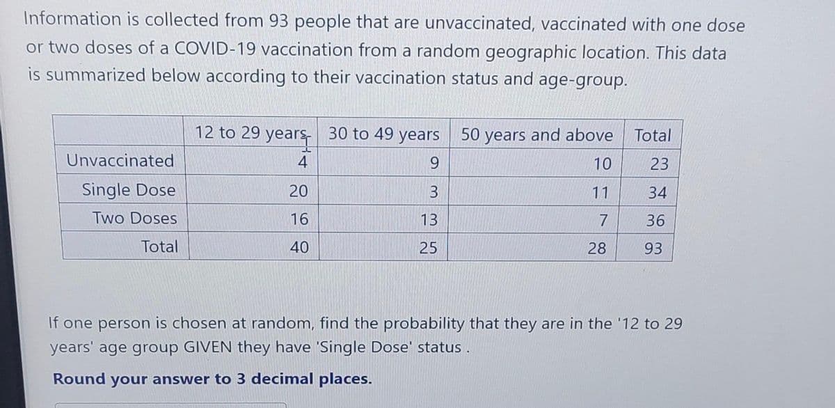 Information is collected from 93 people that are unvaccinated, vaccinated with one dose
or two doses of a COVID-19 vaccination from a random geographic location. This data
is summarized below according to their vaccination status and age-group.
Unvaccinated
Single Dose
Two Doses
Total
12 to 29 years 30 to 49 years 50 years and above
4
9
10
20
3
11
16
13
7
40
25
28
Total
23
34
36
93
If one person is chosen at random, find the probability that they are in the '12 to 29
years' age group GIVEN they have 'Single Dose' status.
Round your answer to 3 decimal places.