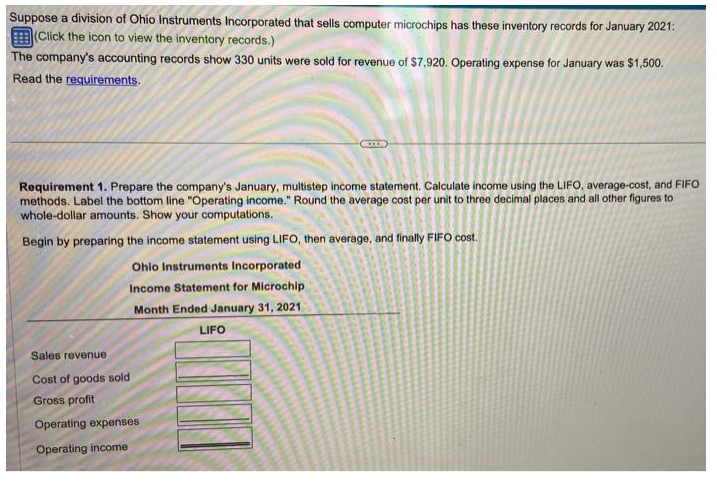 Suppose a division of Ohio Instruments Incorporated that sells computer microchips has these inventory records for January 2021:
(Click the icon to view the inventory records.)
The company's accounting records show 330 units were sold for revenue of $7,920. Operating expense for January was $1,500.
Read the requirements.
Requirement 1. Prepare the company's January, multistep income statement. Calculate income using the LIFO, average-cost, and FIFO
methods. Label the bottom line "Operating income." Round the average cost per unit to three decimal places and all other figures to
whole-dollar amounts. Show your computations.
Begin by preparing the income statement using LIFO, then average, and finally FIFO cost.
Ohio Instruments Incorporated
Income Statement for Microchip
Month Ended January 31, 2021
Sales revenue
Cost of goods sold
Gross profit
Operating expenses
Operating income
SOODS
LIFO