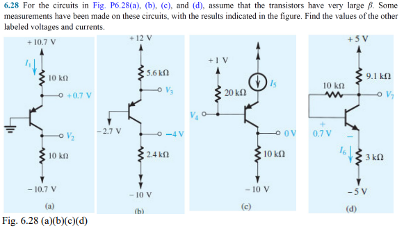 6.28 For the circuits in Fig. P6.28(a), (b), (c), and (d), assume that the transistors have very large ß. Some
measurements have been made on these circuits, with the results indicated in the figure. Find the values of the other
labeled voltages and currents.
+12 V
+ 5 V
+ 10.7 V
+1 V
5.6 kn
9.1 kN
10 kn
Is
10 kn
O +0.7 V
o V3
20 kn
O ov
V2
2.7 V
O -4 V
0.7 V
10 kn
10 kn
2.4 kf
3 k
- 10.7 V
- 10 V
-5 V
- 10 V
(a)
(c)
(d)
(b)
Fig. 6.28 (a)(b)(c)(d)
