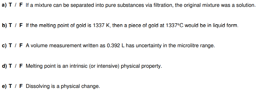 a) T / F If a mixture can be separated into pure substances via filtration, the original mixture was a solution.
b) T /F If the melting point of gold is 1337 K, then a piece of gold at 1337°C would be in liquid form.
c) T /F A volume measurement written as 0.392 L has uncertainty in the microlitre range.
d) T / F Melting point is an intrinsic (or intensive) physical property.
e) T / F Dissolving is a physical change.
