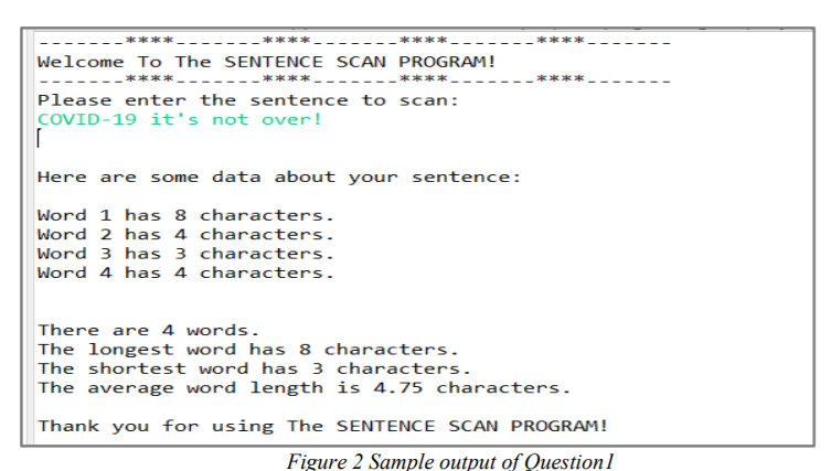 ****
****
****
Welcome To The SENTENCE SCAN PROGRAM!
****------
****---
****-
--- ---
----
Please enter the sentence to scan:
COVID-19 it's not over!
Here are some data about your sentence:
Word 1 has 8 characters.
Word 2 has 4 characters.
Word 3 has 3 characters.
Word 4 has 4 characters.
There are 4 words.
The longest word has 8 characters.
The shortest word has 3 characters.
The average word length is 4.75 characters.
Thank you for using The SENTENCE SCAN PROGRAM!
Figure 2 Sample output of Question1
