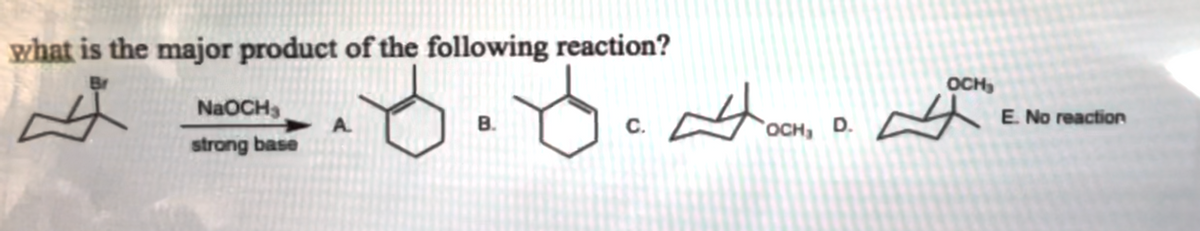 what is the major product of the following reaction?
$
NaOCH3
strong base
A
B.
C.
4001, D.
OCH₁
OCH₂
4
E. No reaction