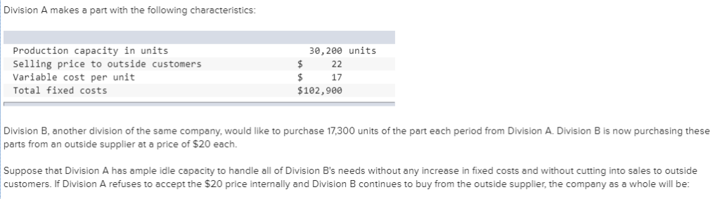 Division A makes a part with the following characteristics:
Production capacity in units
Selling price to outside customers
Variable cost per unit
Total fixed costs
$
$
30,200 units
22
17
$102,900
Division B, another division of the same company, would like to purchase 17,300 units of the part each period from Division A. Division B is now purchasing these
parts from an outside supplier at a price of $20 each.
Suppose that Division A has ample idle capacity to handle all of Division B's needs without any increase in fixed costs and without cutting into sales to outside
customers. If Division A refuses to accept the $20 price internally and Division B continues to buy from the outside supplier, the company as a whole will be:
