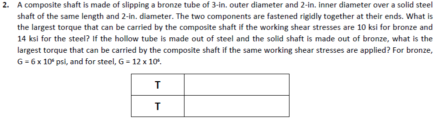 2. A composite shaft is made of slipping a bronze tube of 3-in. outer diameter and 2-in. inner diameter over a solid steel
shaft of the same length and 2-in. diameter. The two components are fastened rigidly together at their ends. What is
the largest torque that can be carried by the composite shaft if the working shear stresses are 10 ksi for bronze and
14 ksi for the steel? If the hollow tube is made out of steel and the solid shaft is made out of bronze, what is the
largest torque that can be carried by the composite shaft if the same working shear stresses are applied? For bronze,
G = 6 x 10° psi, and for steel, G = 12 x 10°.
