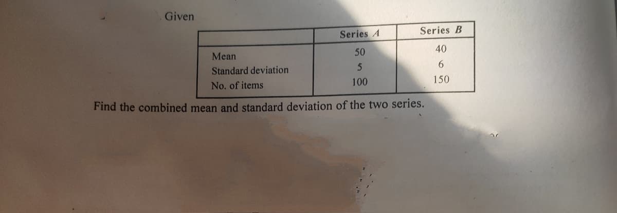 Given
Series A
Series B
40
50
Mean
5.
6.
Standard deviation
100
150
No. of items
Find the combined mean and standard deviation of the two series.

