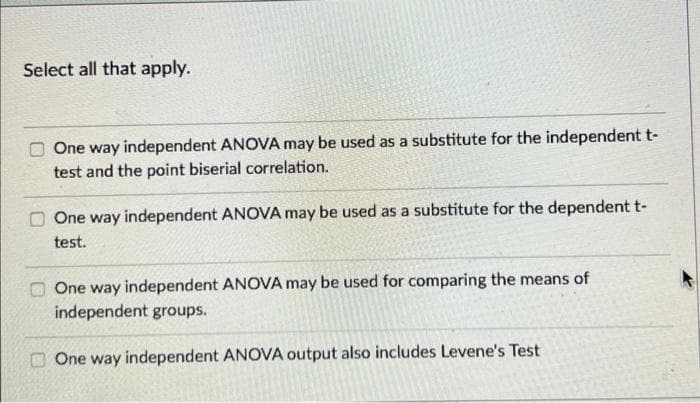 Select all that apply.
One way independent ANOVA may be used as a substitute for the independent t-
test and the point biserial correlation.
One way independent ANOVA may be used as a substitute for the dependent t-
test.
One way independent ANOVA may be used for comparing the means of
independent groups.
One way independent ANOVA output also includes Levene's Test