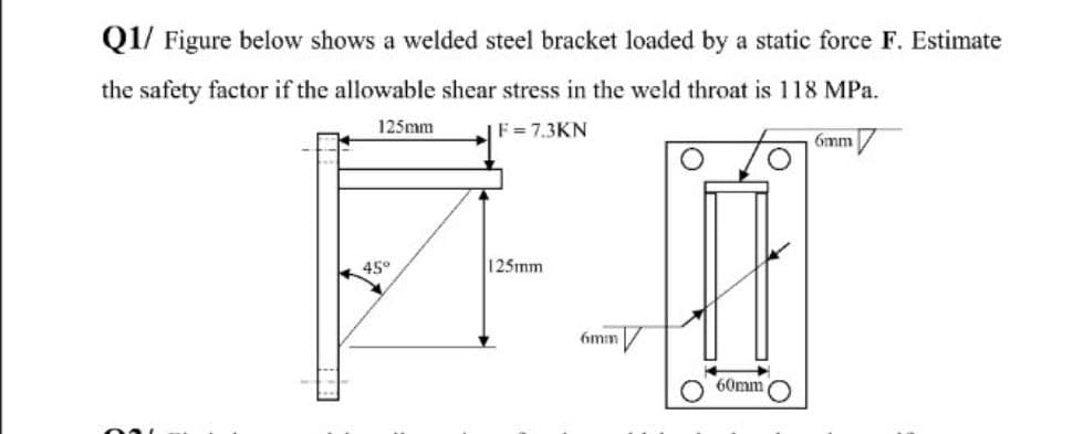 Q1/ Figure below shows a welded steel bracket loaded by a static force F. Estimate
the safety factor if the allowable shear stress in the weld throat is 118 MPa.
125mm
F=7.3KN
6mm /
45°
125mm
6mm /
60mm
