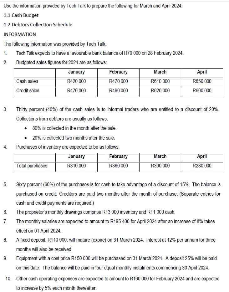 Use the information provided by Tech Talk to prepare the following for March and April 2024:
1.1 Cash Budget
1.2 Debtors Collection Schedule
INFORMATION
The following information was provided by Tech Talk:
1. Tech Talk expects to have a favourable bank balance of R70 000 on 28 February 2024.
2. Budgeted sales figures for 2024 are as follows:
January
R420 000
R470 000
3.
4.
5.
6.
7.
Cash sales
Credit sales
9.
February
R470 000
R490 000
Total purchases
March
R610 000
R620 000
Thirty percent (40%) of the cash sales is to informal traders who are entitled to a discount of 20%.
Collections from debtors are usually as follows:
• 80% is collected in the month after the sale.
20% is collected two months after the sale.
Purchases of inventory are expected to be as follows:
January
R310 000
February
R360 000
April
R650 000
R600 000
March
R300 000
Sixty percent (60%) of the purchases is for cash to take advantage of a discount of 15%. The balance is
purchased on credit. Creditors are paid two months after the month of purchase. (Separate entries for
cash and credit payments are required.)
The proprietor's monthly drawings comprise R13 000 inventory and R11 000 cash.
The monthly salaries are expected to amount to R195 400 for April 2024 after an increase of 8% takes
effect on 01 April 2024.
8.
A fixed deposit, R110 000, will mature (expire) on 31 March 2024. Interest at 12% per annum for three
months will also be received.
Equipment with a cost price R150 000 will be purchased on 31 March 2024. A deposit 25% will be paid
on this date. The balance will be paid in four equal monthly instalments commencing 30 April 2024.
10. Other cash operating expenses are expected to amount to R160 000 for February 2024 and are expected
to increase by 5% each month thereafter.
April
R280 000