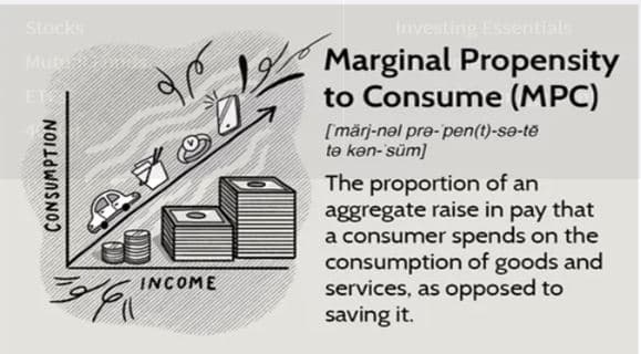 Stocks
Muty
ET
CONSUMPTION
P
de
D
INCOME
F₁1
Investing Essentials
Marginal Propensity
to Consume (MPC)
[märj-nəl pre-pen(t)-sə-të
tə kən-süm]
The proportion of an
aggregate raise in pay that
a consumer spends on the
consumption of goods and
services, as opposed to
saving it.