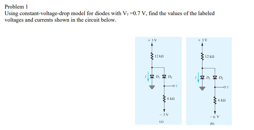 Problem 1
Using constant-voltage-drop model for diodes with Vy=0.7 V, find the values of the labeled
voltages and currents shown in the circuit below.
+3V
12 ΚΩ
D₁ D₂
ww
- 3V
!
(a)
ov
6 kn
+3V
+1₁
12 ΚΩ
D₁ D₂
OV
6 kn
-6 V
(b)