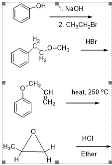 LOH
1. NaOH
2. CH;CH2B
H2
C0-CH3
H2
HBr
o-CH2
CH
heat, 250 °C
CH2
HCI
H3C,
Ether
