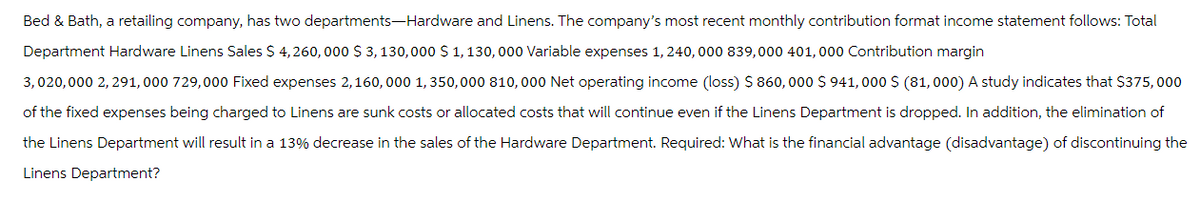 Bed & Bath, a retailing company, has two departments-Hardware and Linens. The company's most recent monthly contribution format income statement follows: Total
Department Hardware Linens Sales $ 4,260, 000 $ 3, 130,000 $ 1,130,000 Variable expenses 1, 240,000 839,000 401,000 Contribution margin
3,020,000 2,291, 000 729,000 Fixed expenses 2,160,000 1,350,000 810, 000 Net operating income (loss) $ 860, 000 $ 941, 000 $ (81, 000) A study indicates that $375,000
of the fixed expenses being charged to Linens are sunk costs or allocated costs that will continue even if the Linens Department is dropped. In addition, the elimination of
the Linens Department will result in a 13% decrease in the sales of the Hardware Department. Required: What is the financial advantage (disadvantage) of discontinuing the
Linens Department?