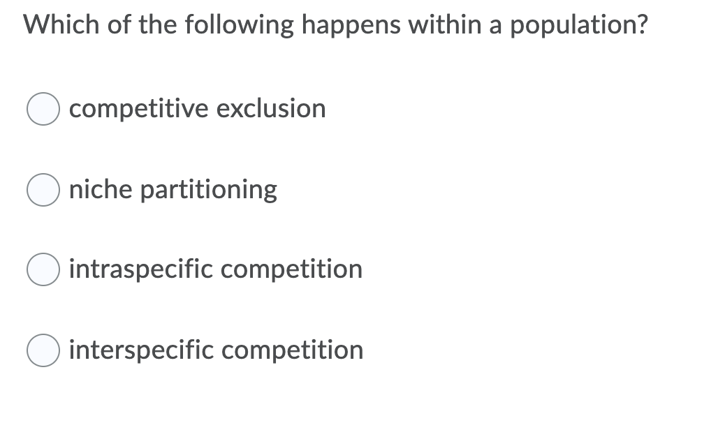 Which of the following happens within a population?
competitive exclusion
niche partitioning
intraspecific competition
interspecific competition
