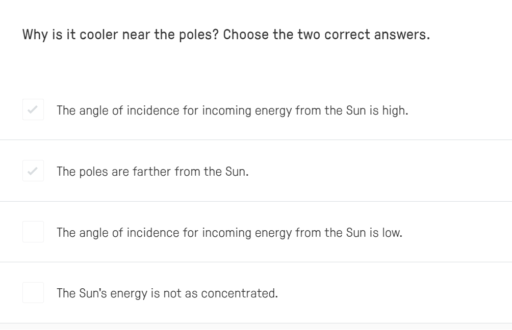 Why is it cooler near the poles? Choose the two correct answers.
The angle of incidence for incoming energy from the Sun is high.
The poles are farther from the Sun.
The angle of incidence for incoming energy from the Sun is low.
The Sun's energy is not as concentrated.