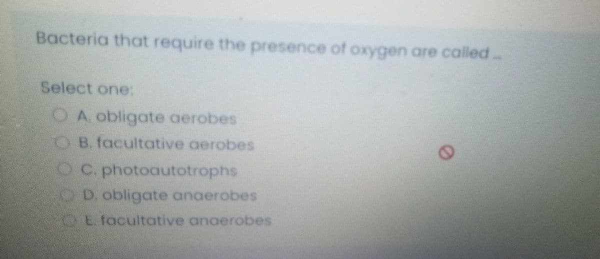 Bacteria that require the presence of oxygen are called.
Select one:
O A. obligate aerobes
O B. facultative aerobes
OC. photoautotrophs
OD. obligate anaerobes
OE facultative anaerobes

