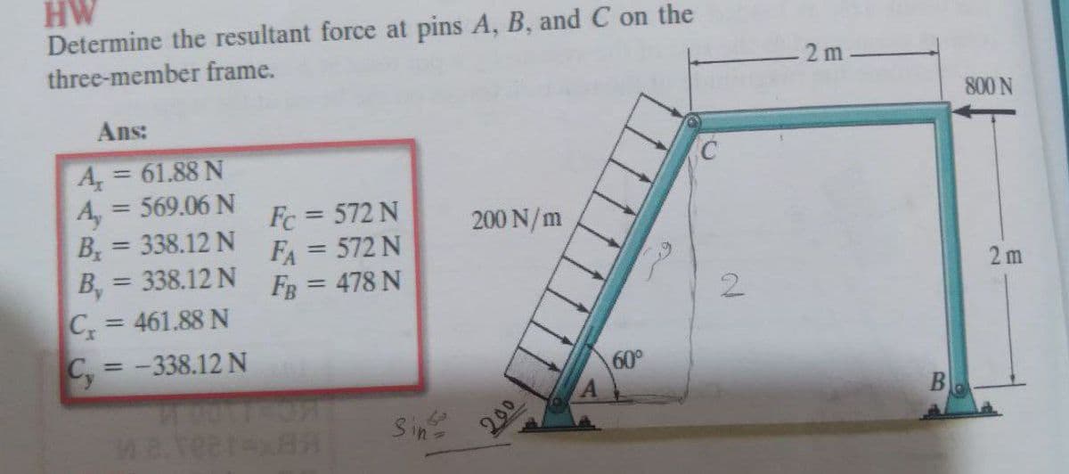 HW
Determine the resultant force at pins A, B, and C on the
three-member frame.
2 m
Ans:
800 N
A, = 61.88 N
A, = 569.06 N
B = 338.12 N
B, = 338.12 N
C = 461.88 N
%3D
%3D
Fc = 572 N
FA = 572 N
FB = 478 N
200 N/m
%3D
||
%3D
2 m
2.
C, = -338.12 N
%3D
60°
B
Sin
200
