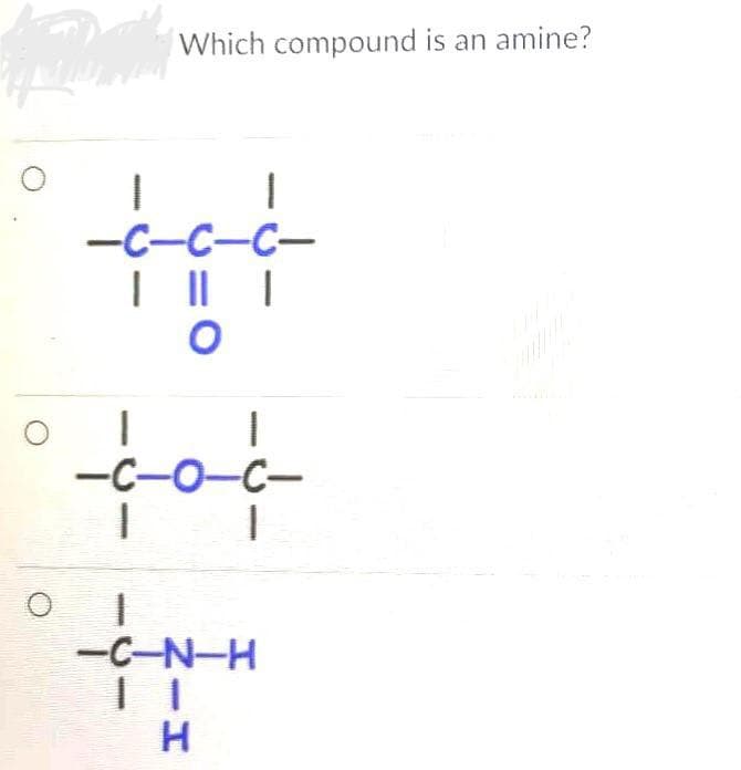 44
O
Which compound is an amine?
|
|
-c-c-c-
| || |
O
1
1
-C-0-C-
|_ |
www.w
-C-N-H
H