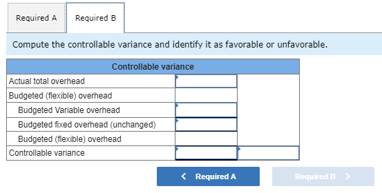 Required A Required B
Compute the controllable variance and identify it as favorable or unfavorable.
Controllable variance
Actual total overhead
Budgeted (flexible) overhead
Budgeted Variable overhead
Budgeted fixed overhead (unchanged)
Budgeted (flexible) overhead
Controllable variance
< Required A
Required B