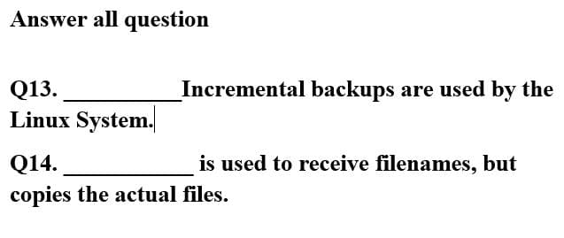 Answer all question
Q13.
Incremental backups are used by the
Linux System.
Q14.
is used to receive filenames, but
copies the actual files.
