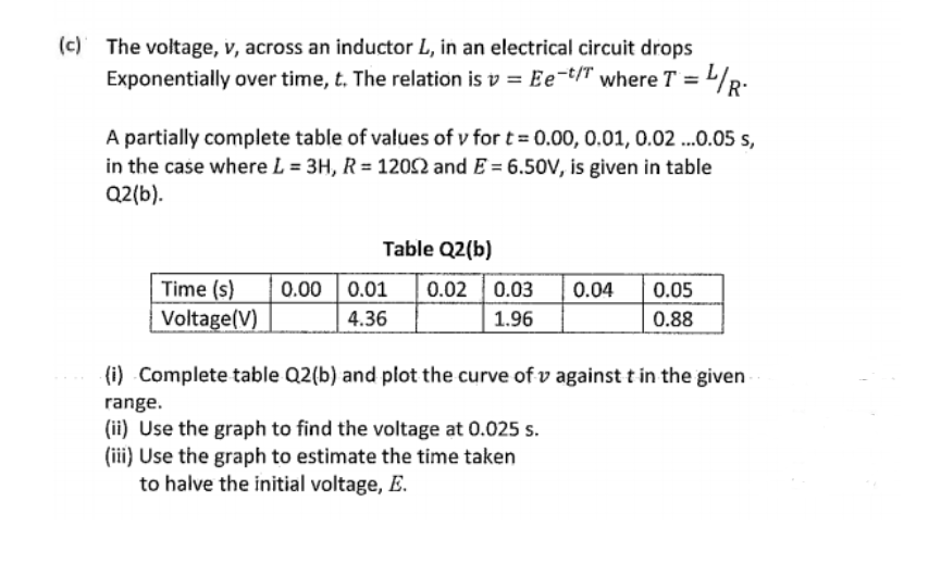(c) The voltage, v, across an inductor L, in an electrical circuit drops
Exponentially over time, t. The relation is v = Ee¬t/T where T =
A partially complete table of values of v for t= 0.00, 0.01, 0.02 .0.05 s,
in the case where L = 3H, R = 1202 and E = 6.50V, is given in table
Q2(b).
Table Q2(b)
Time (s)
Voltage(V)
0.00 0.01
0.02 | 0.03
0.04
0.05
4.36
1.96
0.88
(i) Complete table Q2(b) and plot the curve of v against t in the given
range.
(ii) Use the graph to find the voltage at 0.025 s.
(iii) Use the graph to estimate the time taken
to halve the initial voltage, E.
