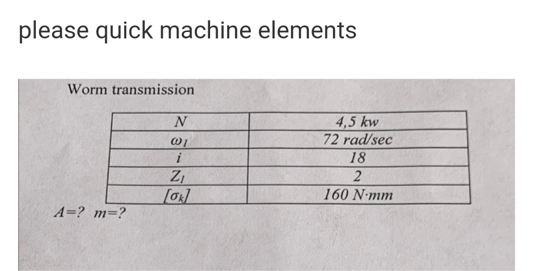please quick machine elements
Worm transmission
4,5 kw
72 rad/sec
N
i
18
Z1
[ok]
160 Nmm
A=? m=?
