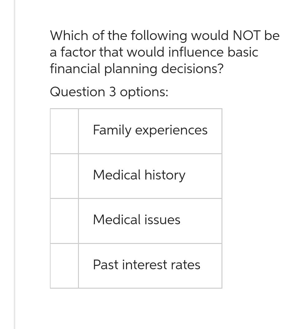 Which of the following would NOT be
a factor that would influence basic
financial planning decisions?
Question 3 options:
Family experiences
Medical history
Medical issues
Past interest rates