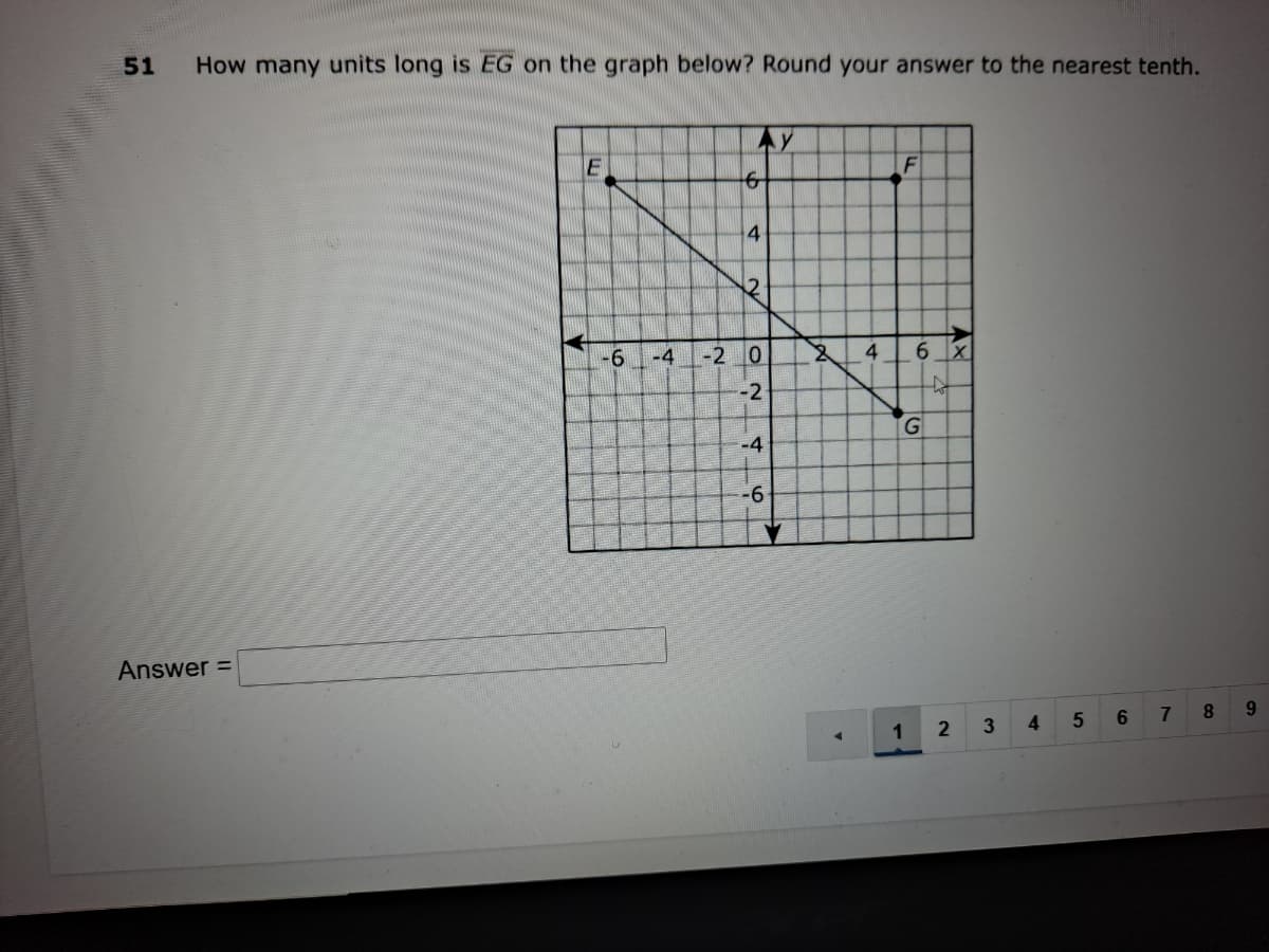 51
How many units long is EG on the graph below? Round your answer to the nearest tenth.
4
-6
-4
-2
01
4
-2
G
-6
Answer =
8.
9.
1
3
4
4.
