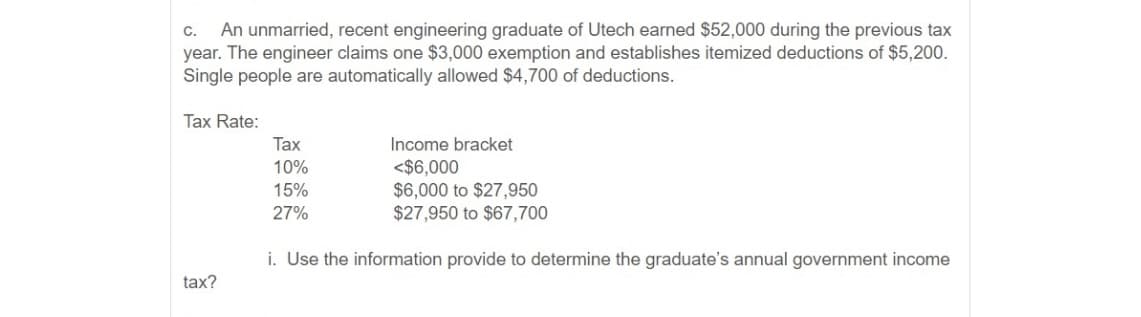An unmarried, recent engineering graduate of Utech earned $52,000 during the previous tax
year. The engineer claims one $3,000 exemption and establishes itemized deductions of $5,200.
Single people are automatically allowed $4,700 of deductions.
C.
Tax Rate:
Tax
Income bracket
<$6,000
$6,000 to $27,950
$27,950 to $67,700
10%
15%
27%
i. Use the information provide to determine the graduate's annual government income
tax?
