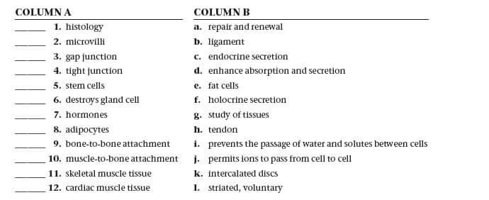 COLUMN A
COLUMN B
1. histology
a. repair and renewal
b. ligament
c. endocrine secretion
d. enhance absorption and secretion
2. microvilli
3. gap junction
4. tight junction
5. stem cells
e. fat cells
f. holocrine secretion
g. study of tissues
6. destroys gland cell
7. hormones
8. adipocytes
h. tendon
i. prevents the passage of water and solutes between cells
j. permits ions to pass from cell to cell
9. bone-to-bone attachment
10. muscle-to-bone attachment
11. skeletal muscle tissue
k. intercalated discs
12. cardiac muscle tissue
1. striated, voluntary
