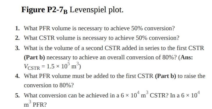 Figure P2-7B Levenspiel plot.
1. What PFR volume is necessary to achieve 50% conversion?
2. What CSTR volume is necessary to achieve 50% conversion?
3. What is the volume of a second CSTR added in series to the first CSTR
(Part b) necessary to achieve an overall conversion of 80%? (Ans:
VCSTR = 1.5 × 105 m³)
4. What PFR volume must be added to the first CSTR (Part b) to raise the
conversion to 80%?
5. What conversion can be achieved in a 6 × 104 m³ CSTR? In a 6 × 104
3
3
m PFR?