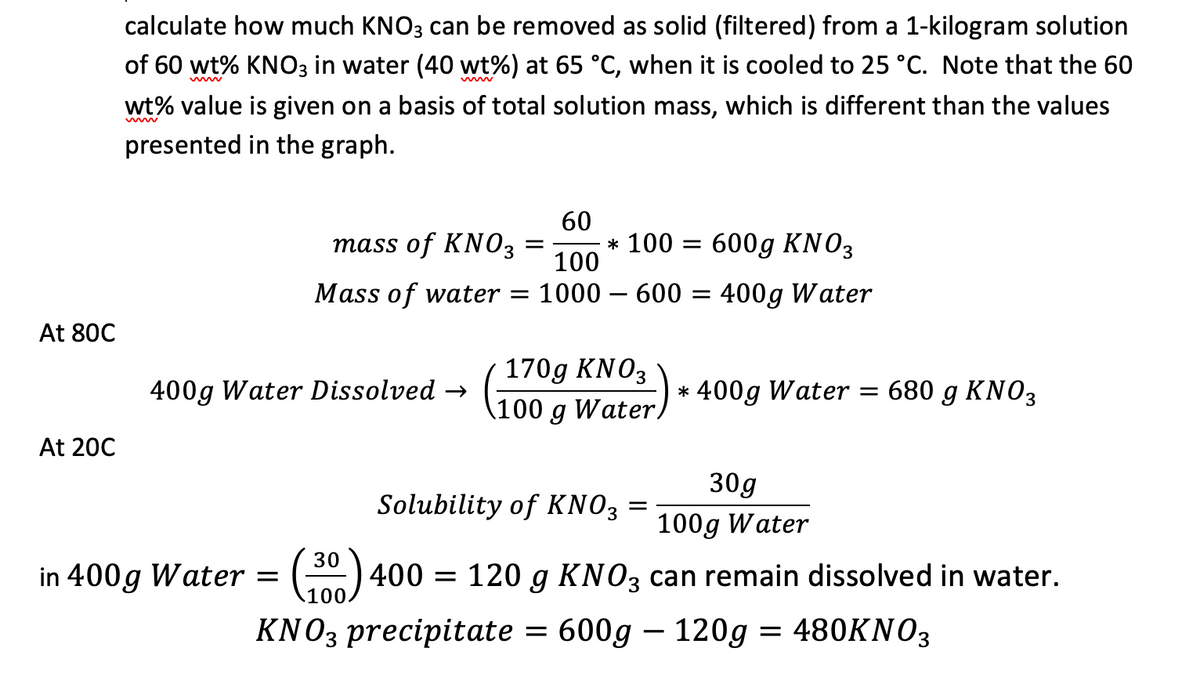 calculate how much KNO3 can be removed as solid (filtered) from a 1-kilogram solution
of 60 wt% KNO3 in water (40 wt%) at 65 °C, when it is cooled to 25 °C. Note that the 60
www
www
www
wt% value is given on a basis of total solution mass, which is different than the values
presented in the graph.
60
mass of KNO3
=
100
Mass of water =
* 100 = 600g KNO3
: 1000 - 600 =
400g Water
At 80C
400g Water Dissolved →
170g KNO3
100 g Water,
* 400g Water = 680 g KNO3
At 20C
Solubility of KNO3 =
30g
100g Water
in 400g Water = (30) 400 = 120 g KNO3 can remain dissolved in water.
100
KNO3 precipitate = 600g - 120g = 480KNO3