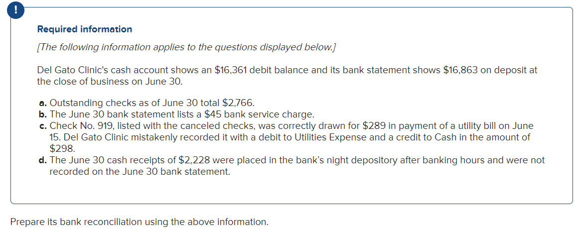 !
Required information
[The following information applies to the questions displayed below.]
Del Gato Clinic's cash account shows an $16,361 debit balance and its bank statement shows $16,863 on deposit at
the close of business on June 30.
a. Outstanding checks as of June 30 total $2,766.
b. The June 30 bank statement lists a $45 bank service charge.
c. Check No. 919, listed with the canceled checks, was correctly drawn for $289 in payment of a utility bill on June
15. Del Gato Clinic mistakenly recorded it with a debit to Utilities Expense and a credit to Cash in the amount of
$298.
d. The June 30 cash receipts of $2,228 were placed in the bank's night depository after banking hours and were not
recorded on the June 30 bank statement.
Prepare its bank reconciliation using the above information.