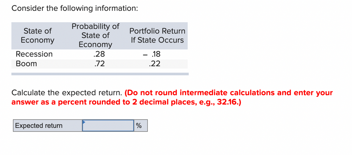 Consider the following information:
State of
Economy
Probability of
Portfolio Return
State of
If State Occurs
Economy
Recession
Boom
.28
.72
-
.18
.22
Calculate the expected return. (Do not round intermediate calculations and enter your
answer as a percent rounded to 2 decimal places, e.g., 32.16.)
Expected return
%