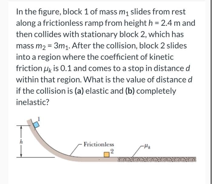 In the figure, block 1 of mass m₁ slides from rest
along a frictionless ramp from height h = 2.4 m and
then collides with stationary block 2, which has
mass m2 = 3m₁. After the collision, block 2 slides
into a region where the coefficient of kinetic
friction UK is 0.1 and comes to a stop in distance d
within that region. What is the value of distance d
if the collision is (a) elastic and (b) completely
inelastic?
h
Frictionless