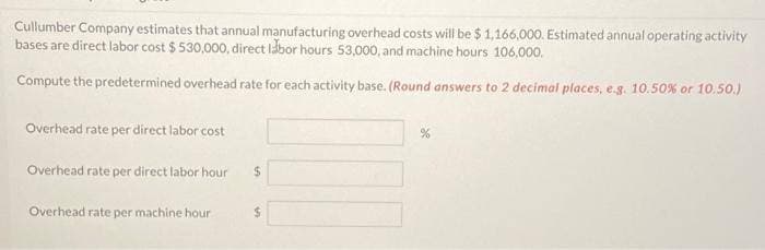Cullumber Company estimates that annual manufacturing overhead costs will be $ 1,166,000. Estimated annual operating activity
bases are direct labor cost $530,000, direct labor hours 53,000, and machine hours 106,000.
Compute the predetermined overhead rate for each activity base. (Round answers to 2 decimal places, e.g. 10.50% or 10.50.)
Overhead rate per direct labor cost
Overhead rate per direct labor hour
Overhead rate per machine hour
$